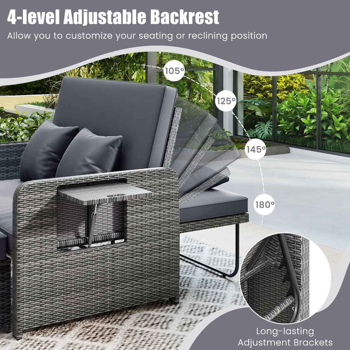 Patio Wicker Loveseat Sofa with Ottoman & Side Tray - Gray