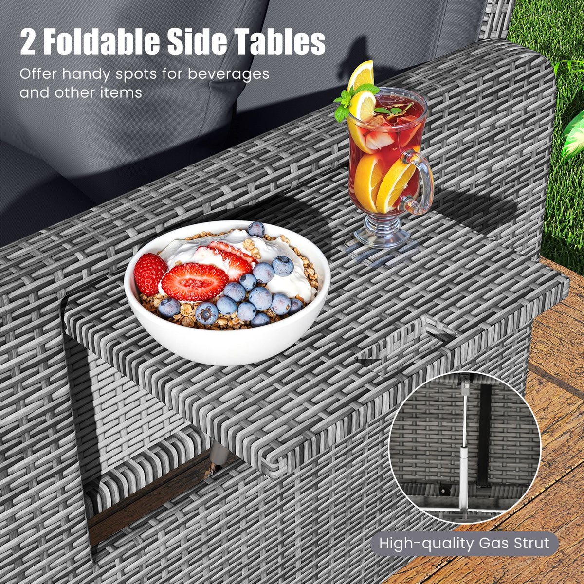 Patio Wicker Loveseat Sofa with Ottoman & Side Tray - Gray