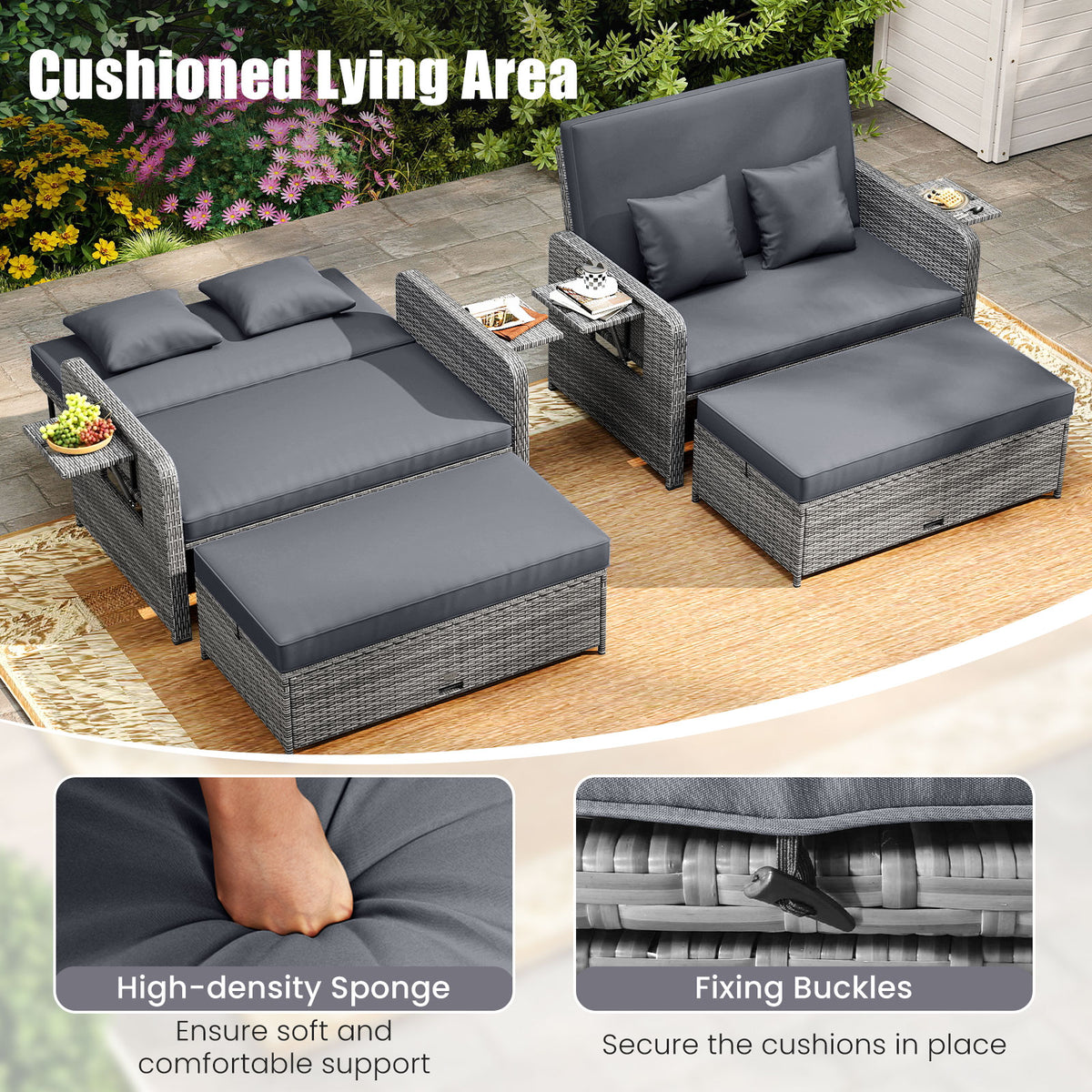 Patio Wicker Loveseat Sofa with Ottoman & Side Tray - Gray