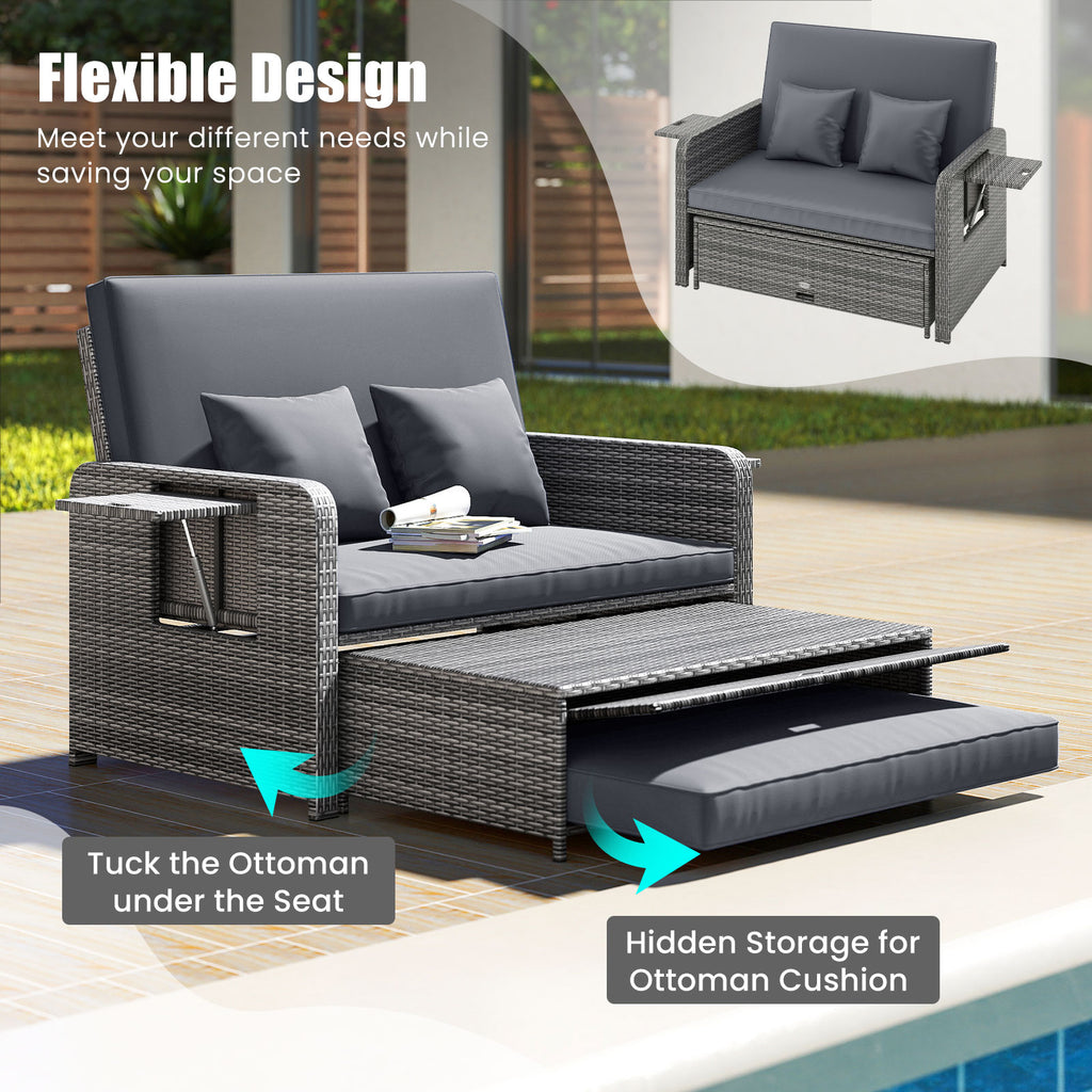 Patio Wicker Loveseat Sofa with Ottoman & Side Tray - Gray