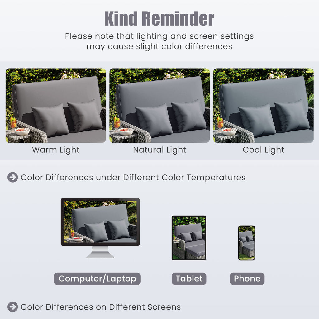 Patio Wicker Loveseat Sofa with Ottoman & Side Tray - Gray