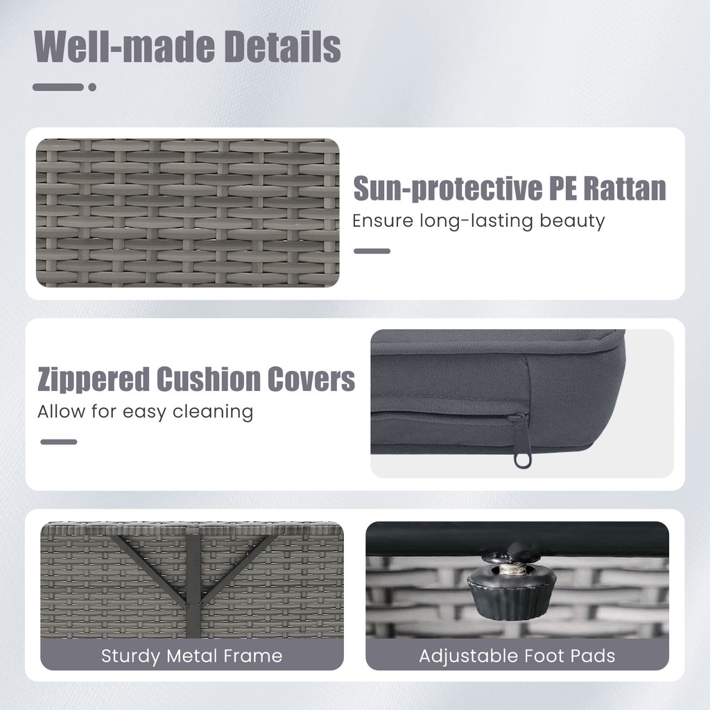 Patio Wicker Loveseat Sofa with Ottoman & Side Tray - Gray