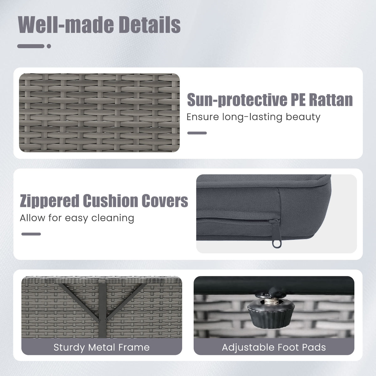 Patio Wicker Loveseat Sofa with Ottoman & Side Tray - Gray