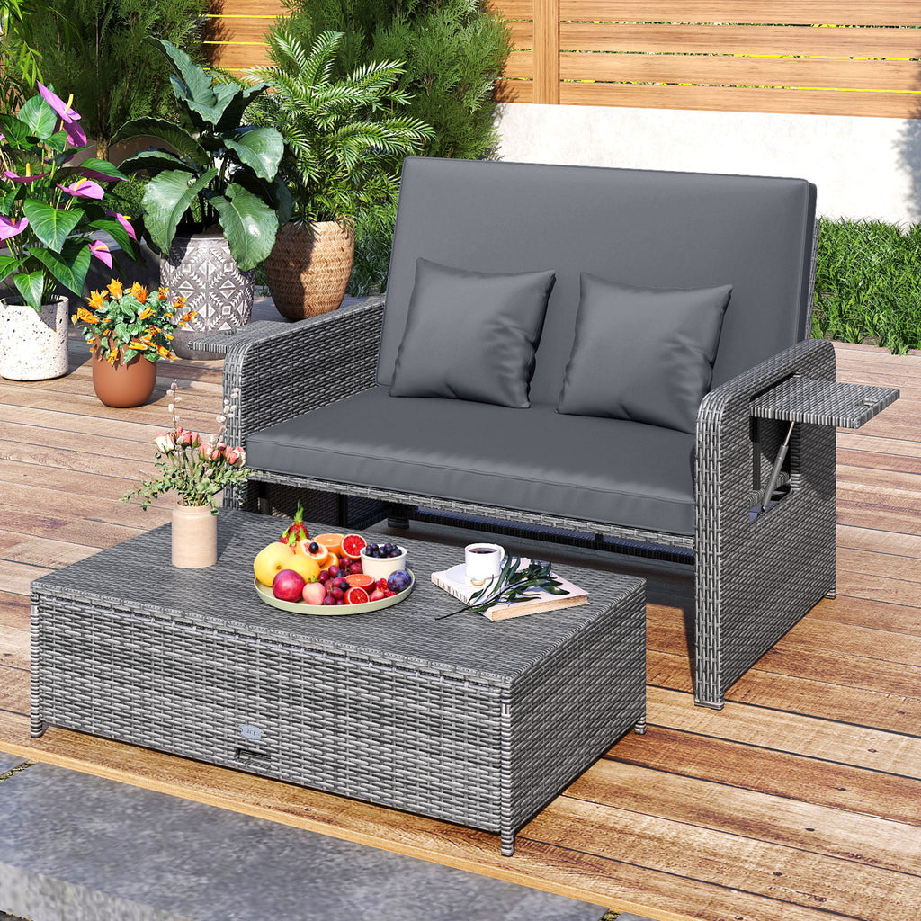 Patio Wicker Loveseat Sofa with Ottoman & Side Tray - Gray