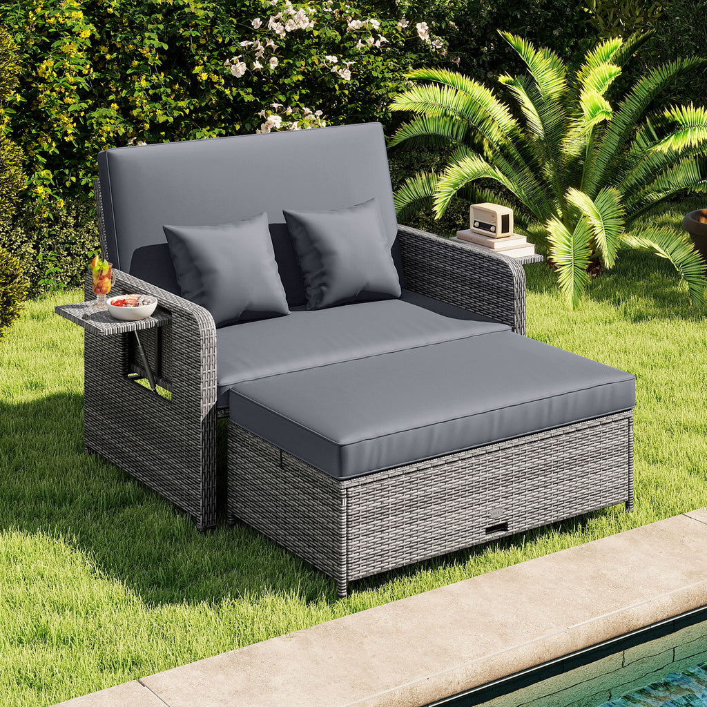 Patio Wicker Loveseat Sofa with Ottoman & Side Tray - Gray