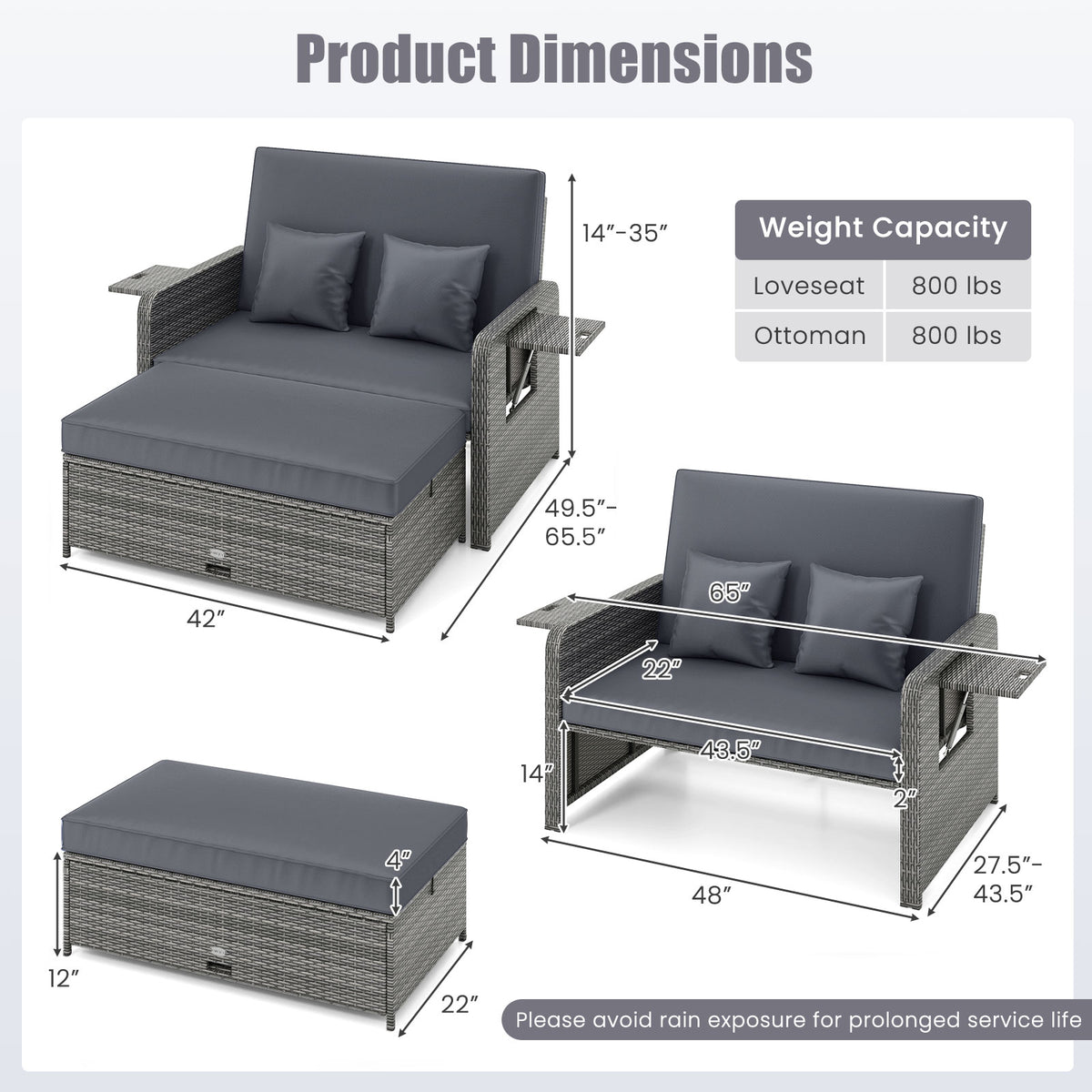 Patio Wicker Loveseat Sofa with Ottoman & Side Tray - Gray