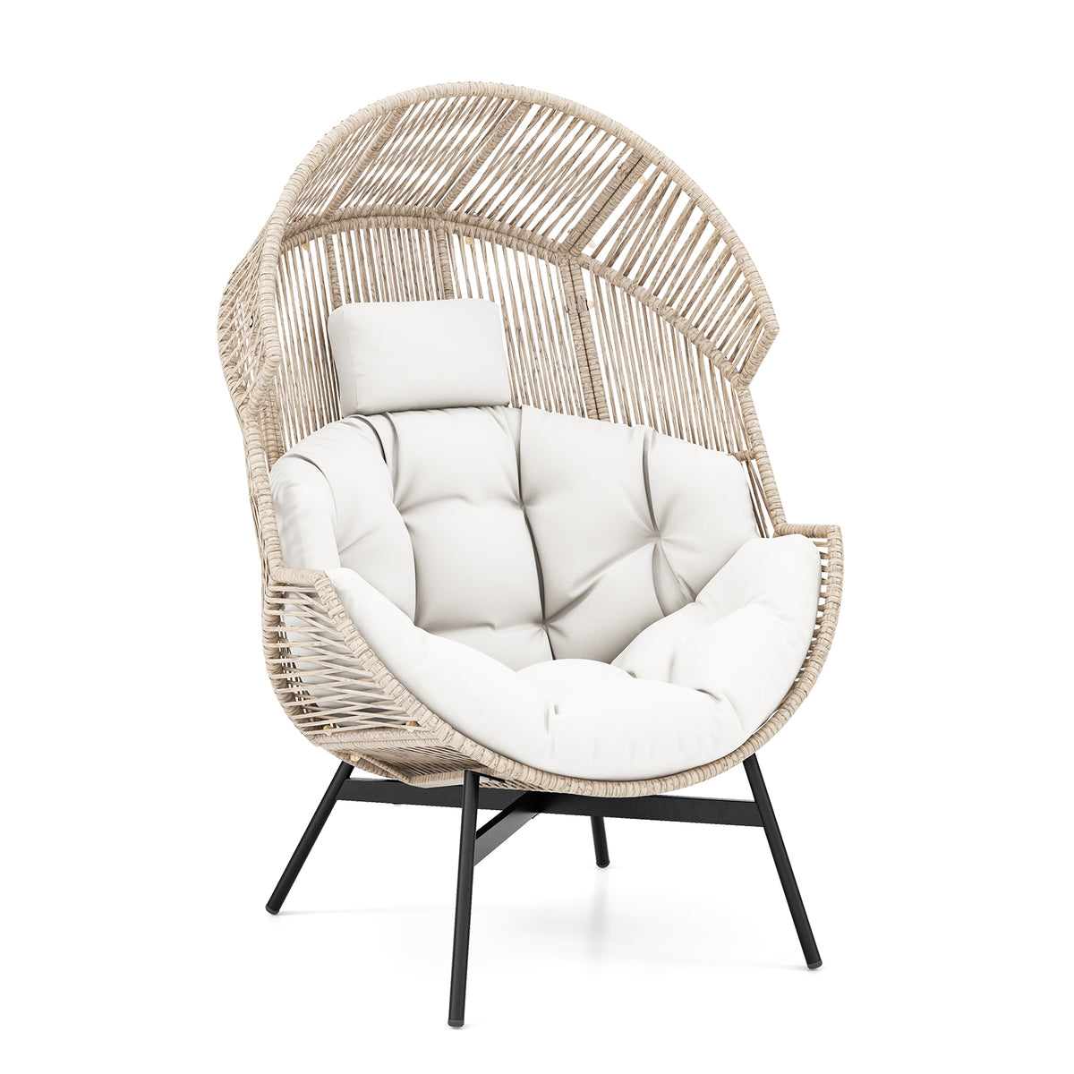 Wicker Egg Chair with Cushions & Headrest - Black
