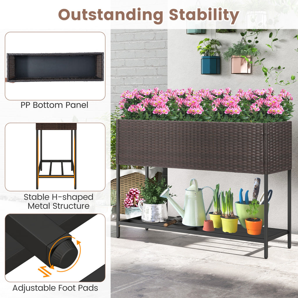 Raised Wicker Garden Bed with Storage Shelf and Removable Liner