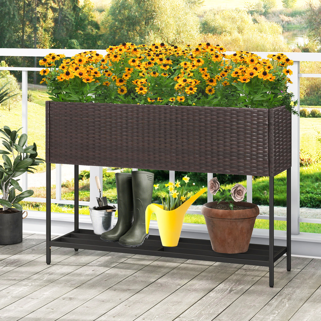 Raised Wicker Garden Bed with Storage Shelf and Removable Liner