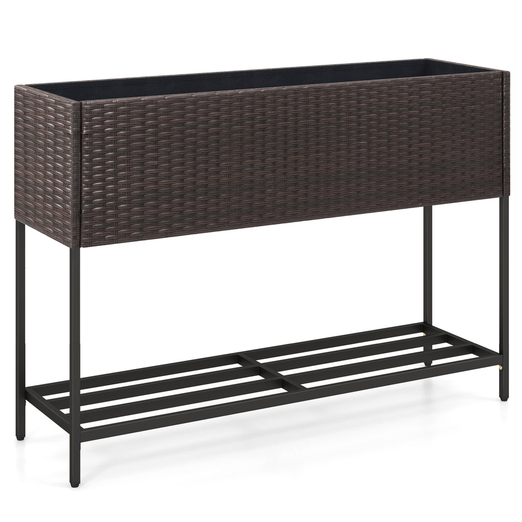 Raised Wicker Garden Bed with Storage Shelf and Removable Liner