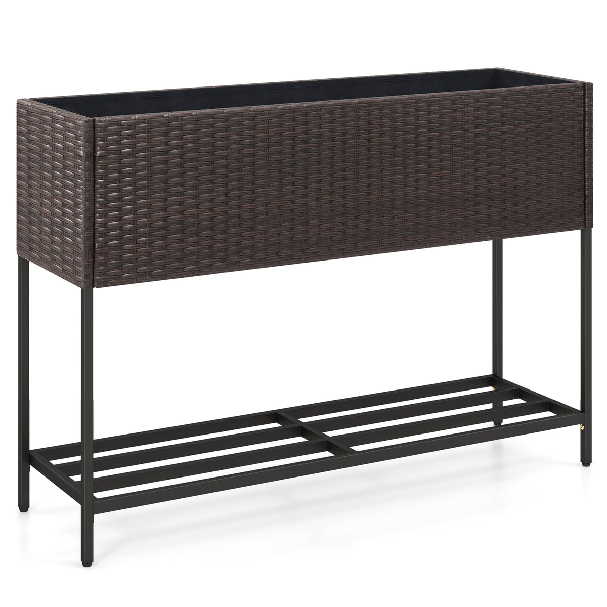 Raised Wicker Garden Bed with Storage Shelf and Removable Liner