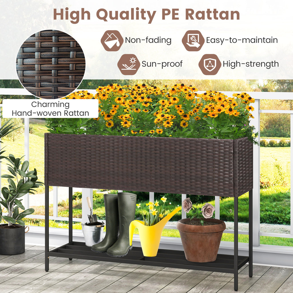 Raised Wicker Garden Bed with Storage Shelf and Removable Liner