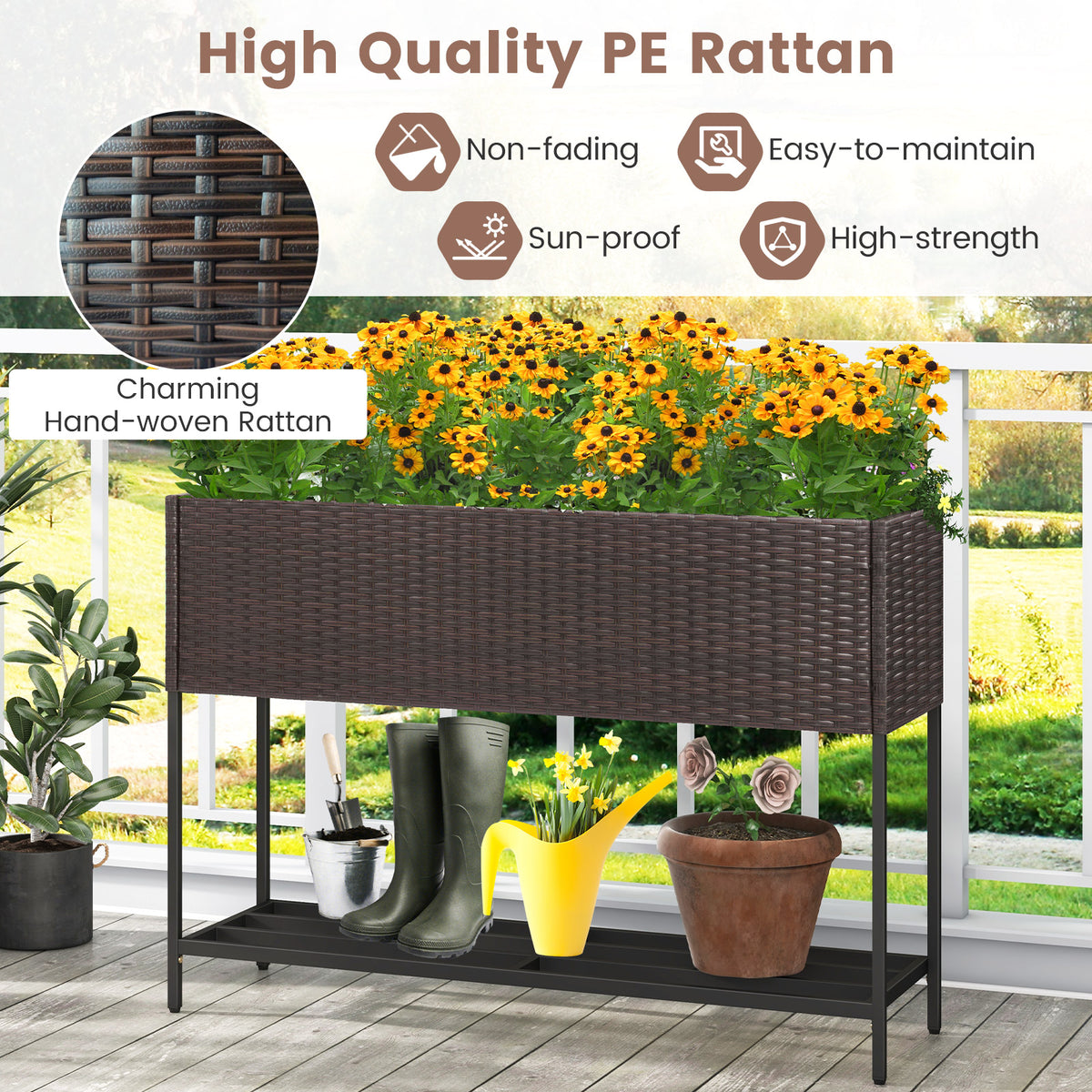 Raised Wicker Garden Bed with Storage Shelf and Removable Liner