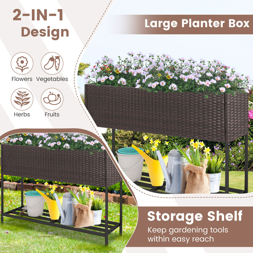 Raised Wicker Garden Bed with Storage Shelf and Removable Liner