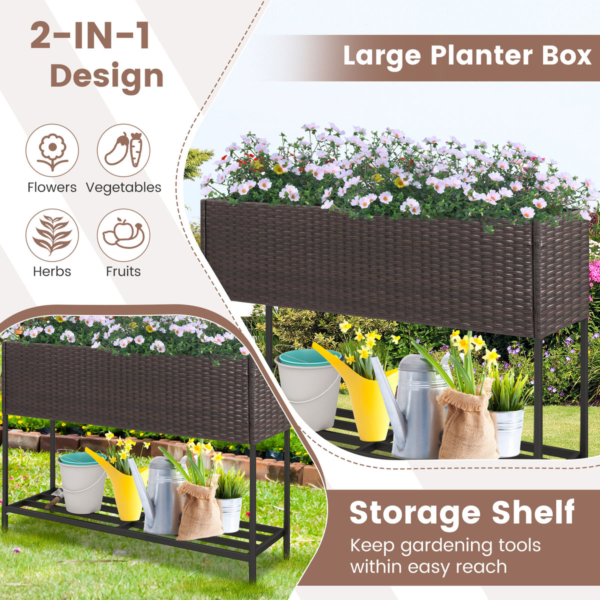 Raised Wicker Garden Bed with Storage Shelf and Removable Liner