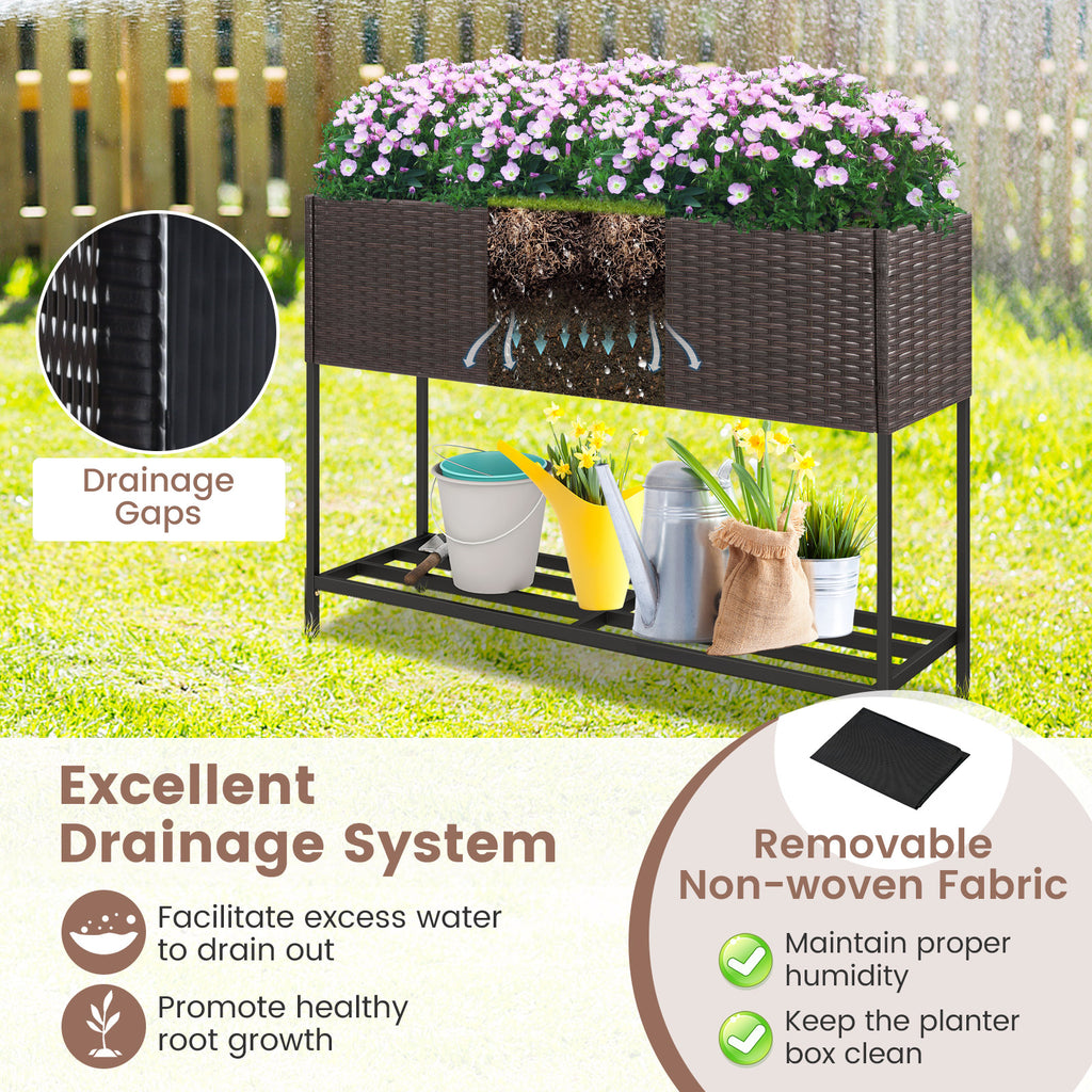 Raised Wicker Garden Bed with Storage Shelf and Removable Liner
