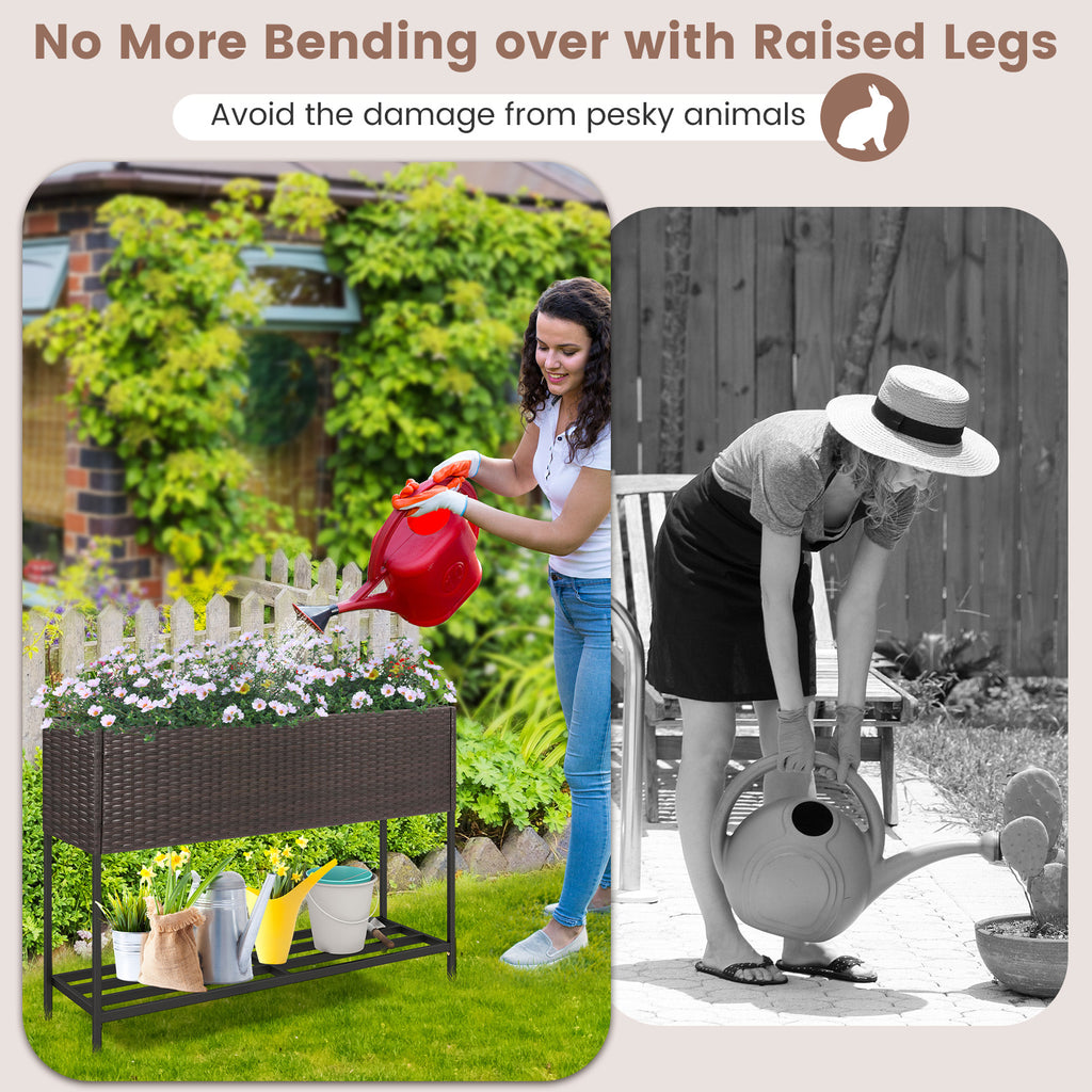 Raised Wicker Garden Bed with Storage Shelf and Removable Liner