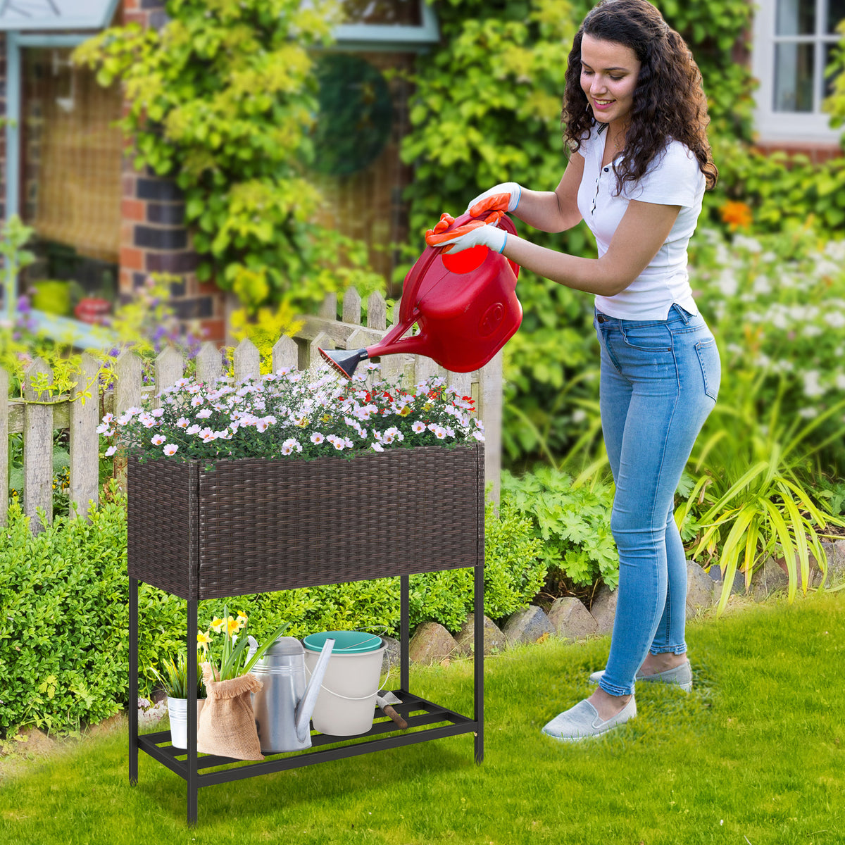 Elevated Garden Planter with Rattan Finish Bottom Shelf