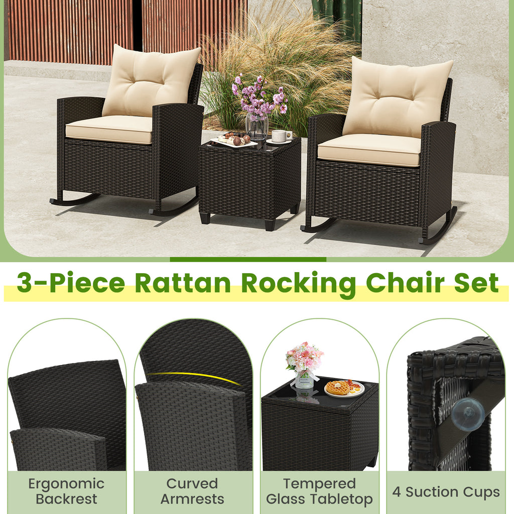3-Piece Patio Rattan Rocker Chairs with Glass Table and Cushions - Beige