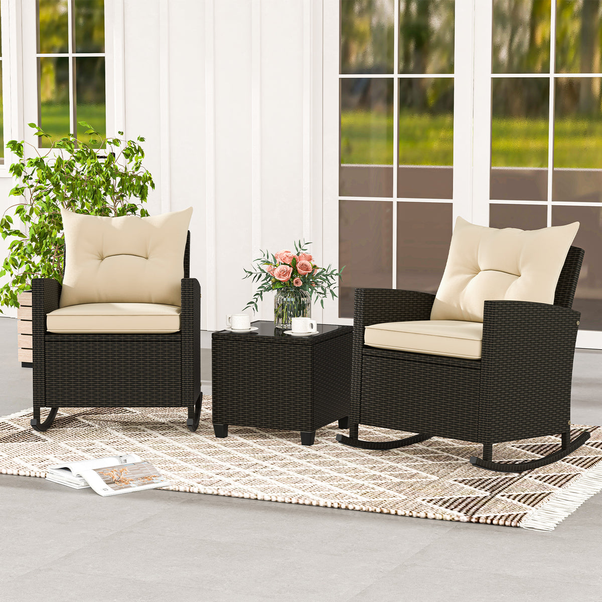 3-Piece Patio Rocking Chair Set with Glass Table - Black & Brown