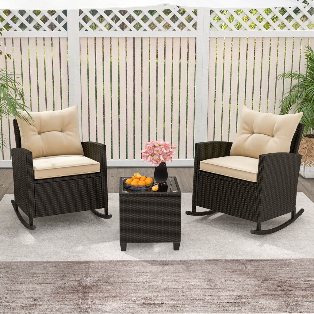 3-Piece Patio Rattan Rocker Chairs with Glass Table and Cushions - Beige