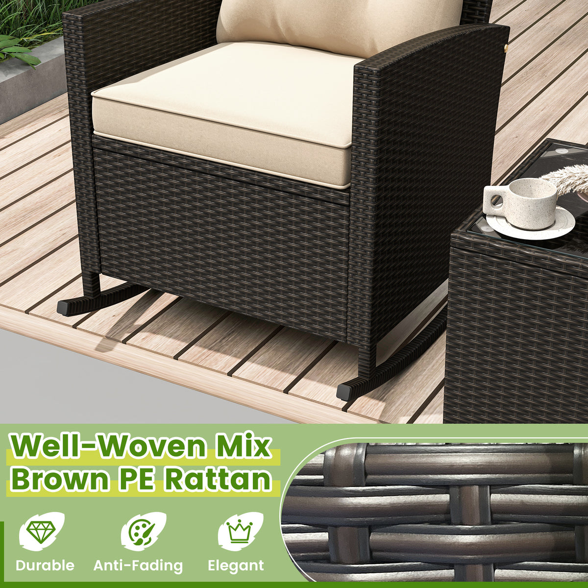 3-Piece Patio Rattan Rocker Chairs with Glass Table and Cushions - Beige