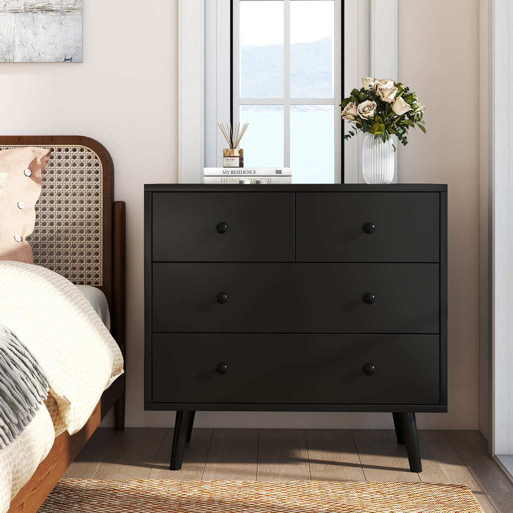 Wide Wooden Dresser with 4 Drawers - Black