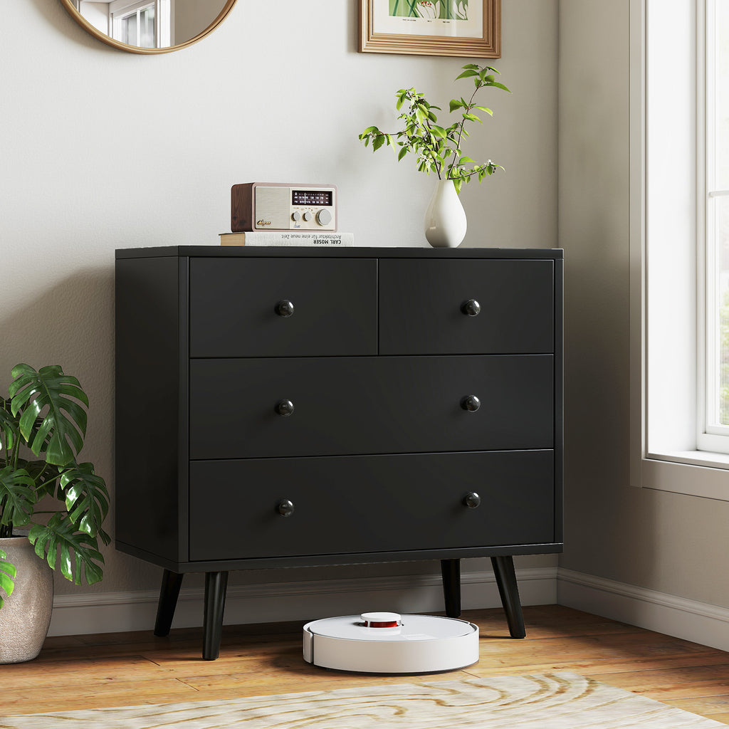 Wide Wooden Dresser with 4 Drawers - Black