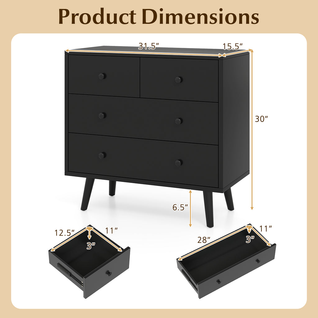 Wide Wooden Dresser with 4 Drawers - Black