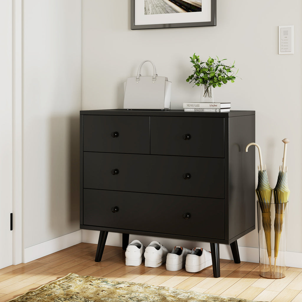 Wide Wooden Dresser with 4 Drawers - Black