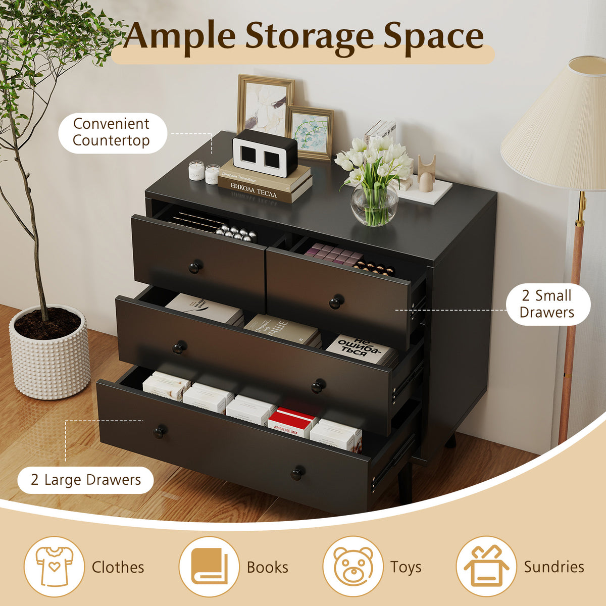 Wide Wooden Dresser with 4 Drawers - Black