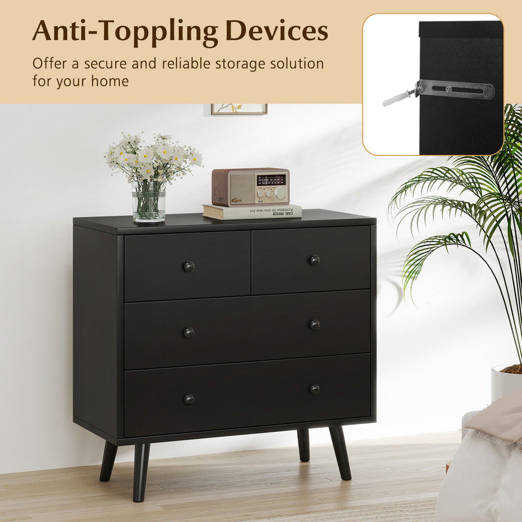 Wide Wooden Dresser with 4 Drawers - Black