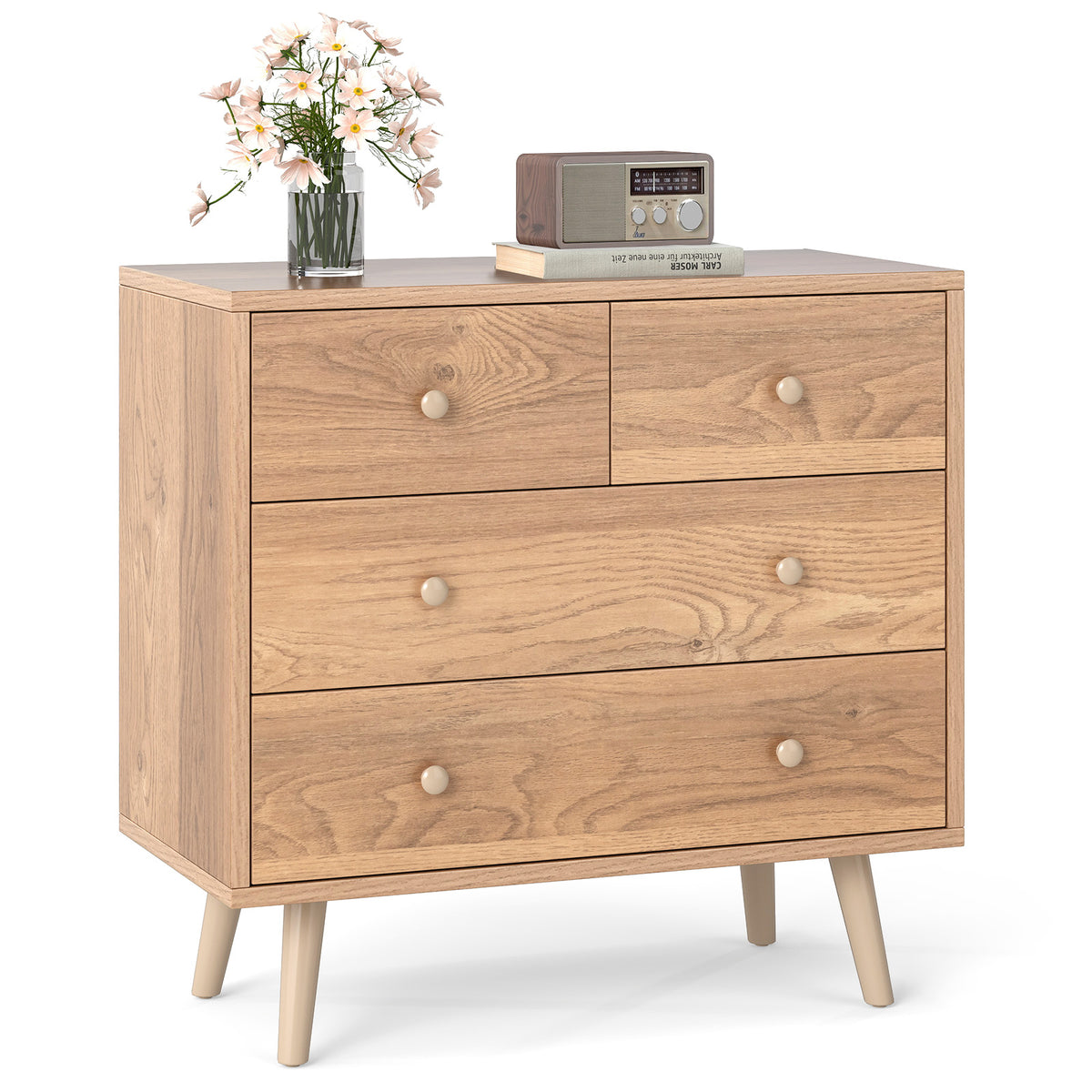 Wide Wooden Dresser with 4 Drawers, Natural