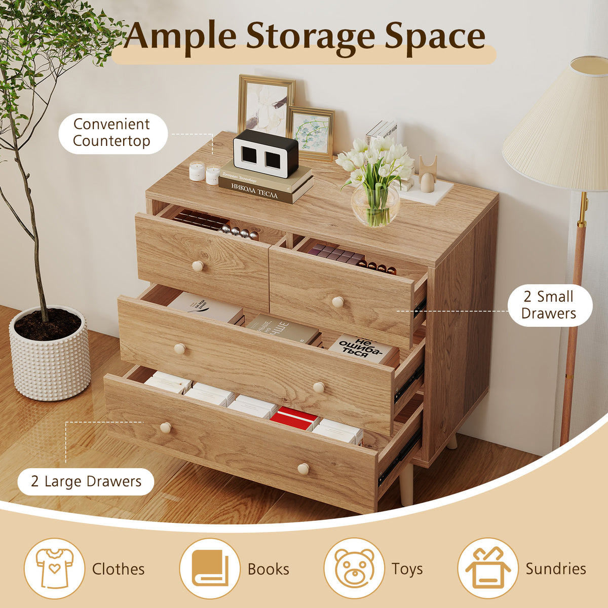 Wide Wooden Dresser with 4 Drawers, Natural