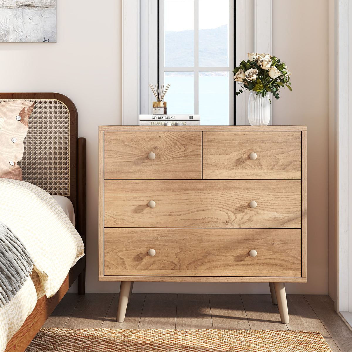 Wide Wooden Dresser with 4 Drawers, Natural