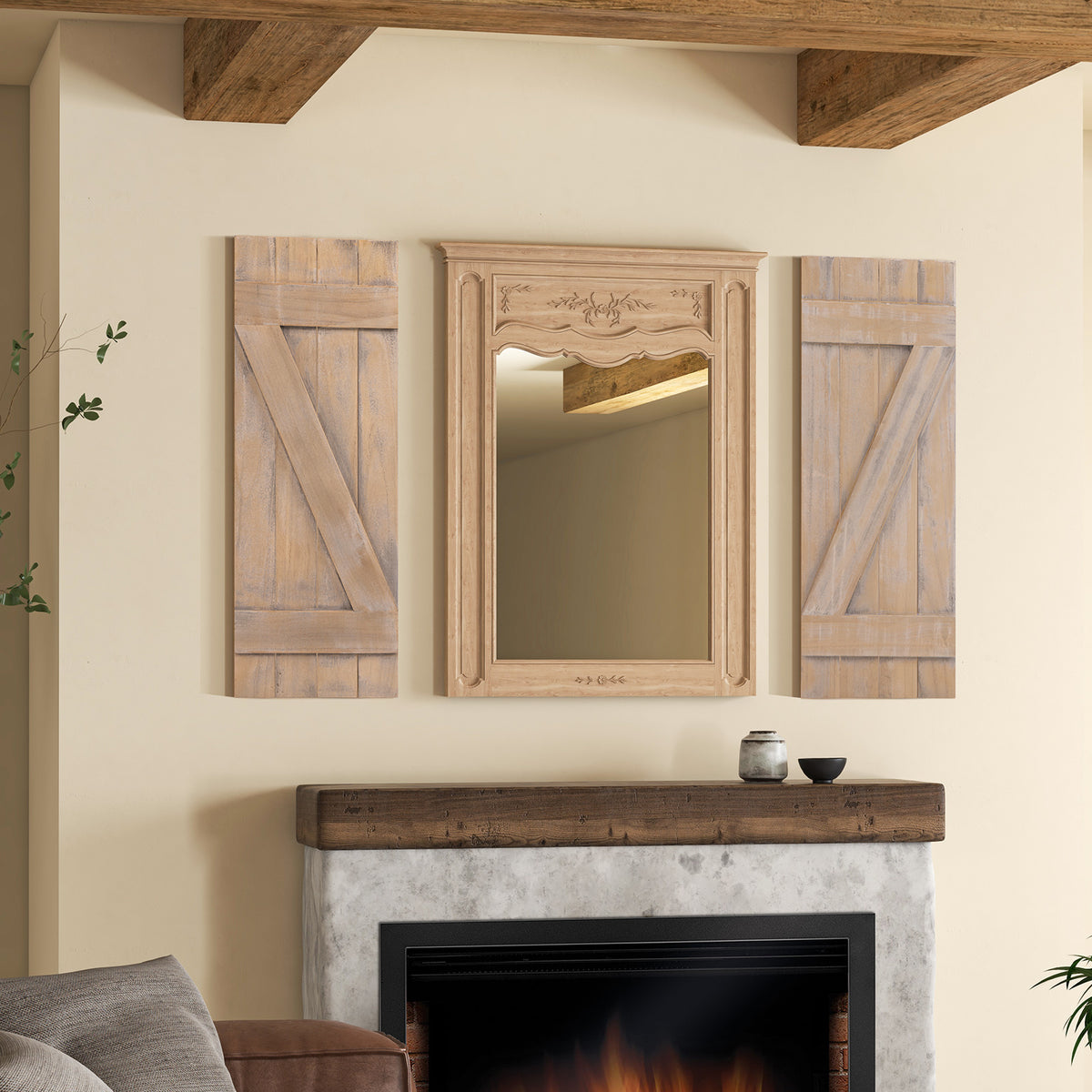 Farmhouse Paulownia Wood Window Shutters Set of 2 - Light Brown, 36x13 Inch