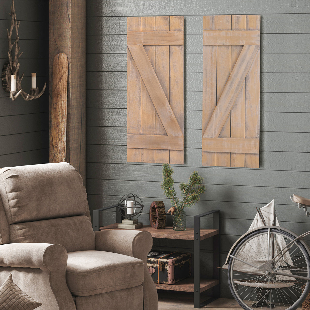 Farmhouse Paulownia Wood Window Shutters Set of 2 - Light Brown, 36x13 Inch