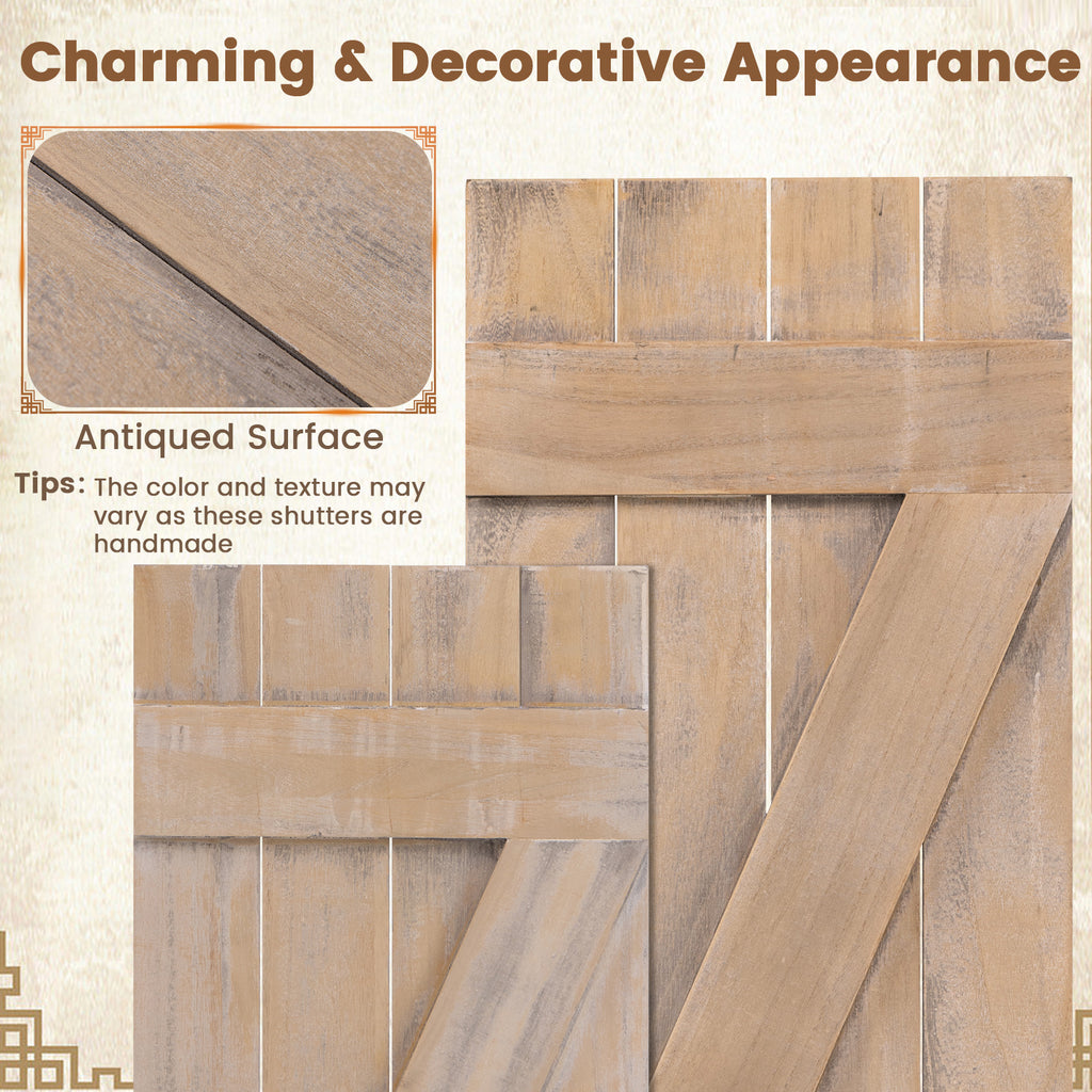 Farmhouse Paulownia Wood Window Shutters Set of 2 - Light Brown, 36x13 Inch