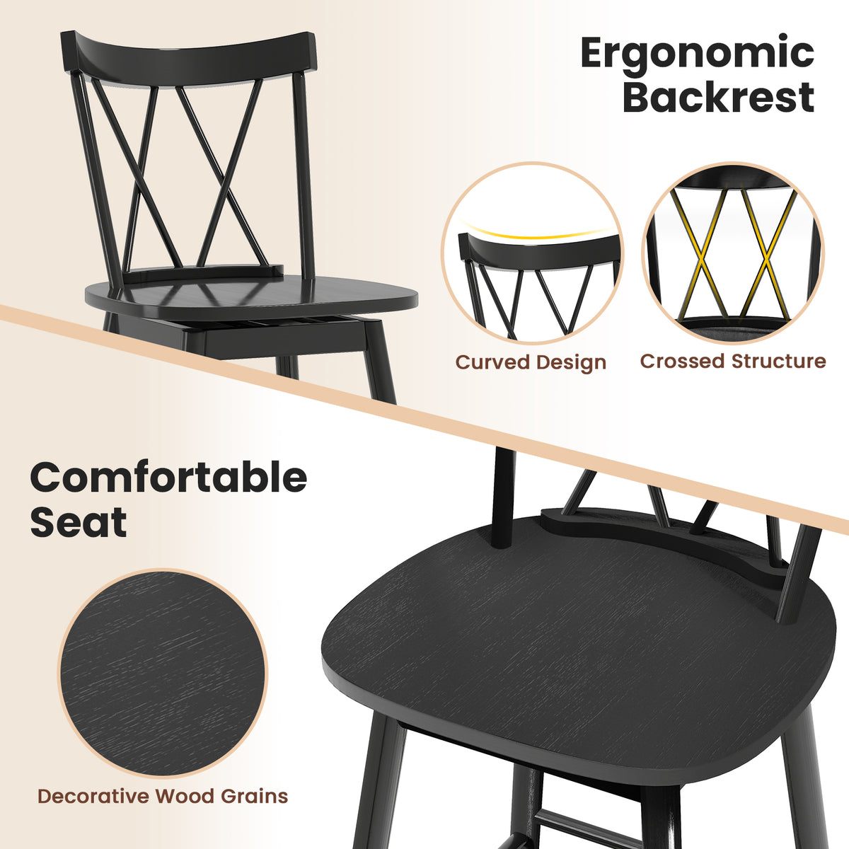 Set of 2 Windsor Bar Stools 24" - Ergonomic Backrest