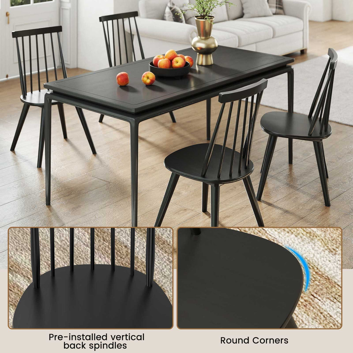 Windsor Dining Chair Set of 4, Black - Solid Rubber Wood