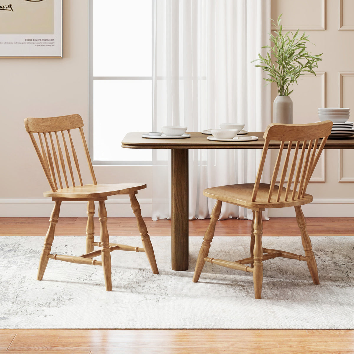 Windsor Dining Chairs Set of 4, Natural - Curved Spindle Back