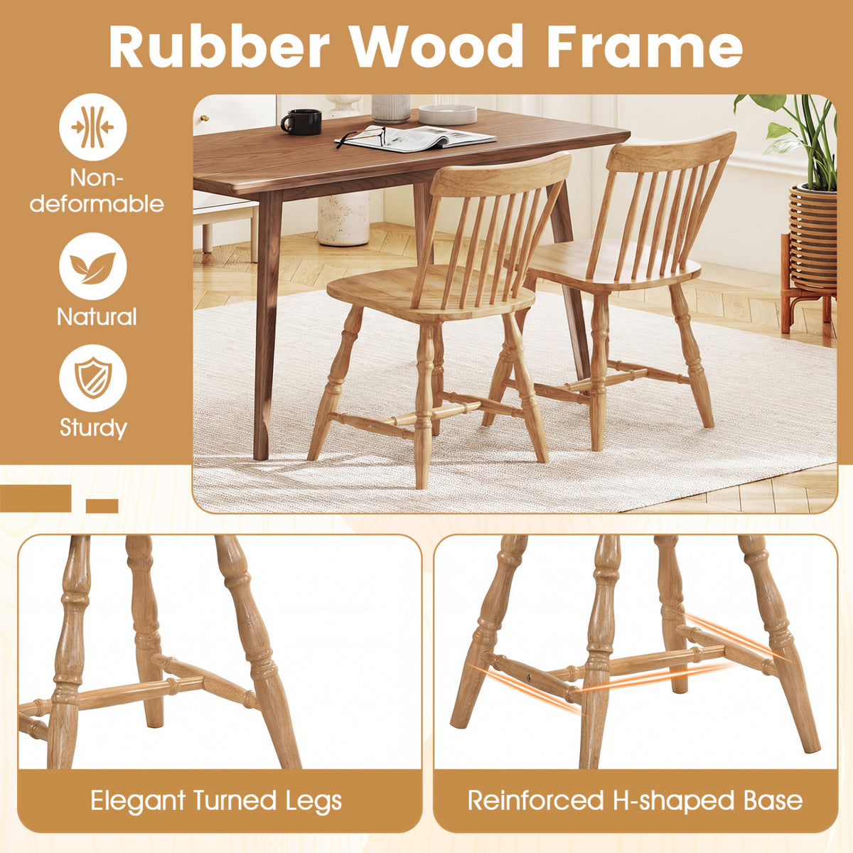 Windsor Dining Chairs Set of 4, Natural - Curved Spindle Back