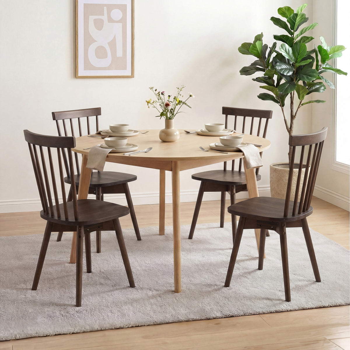 Mid Century Rubber Wood Dining Chairs Set of 4 with Swivel Seat - Walnut