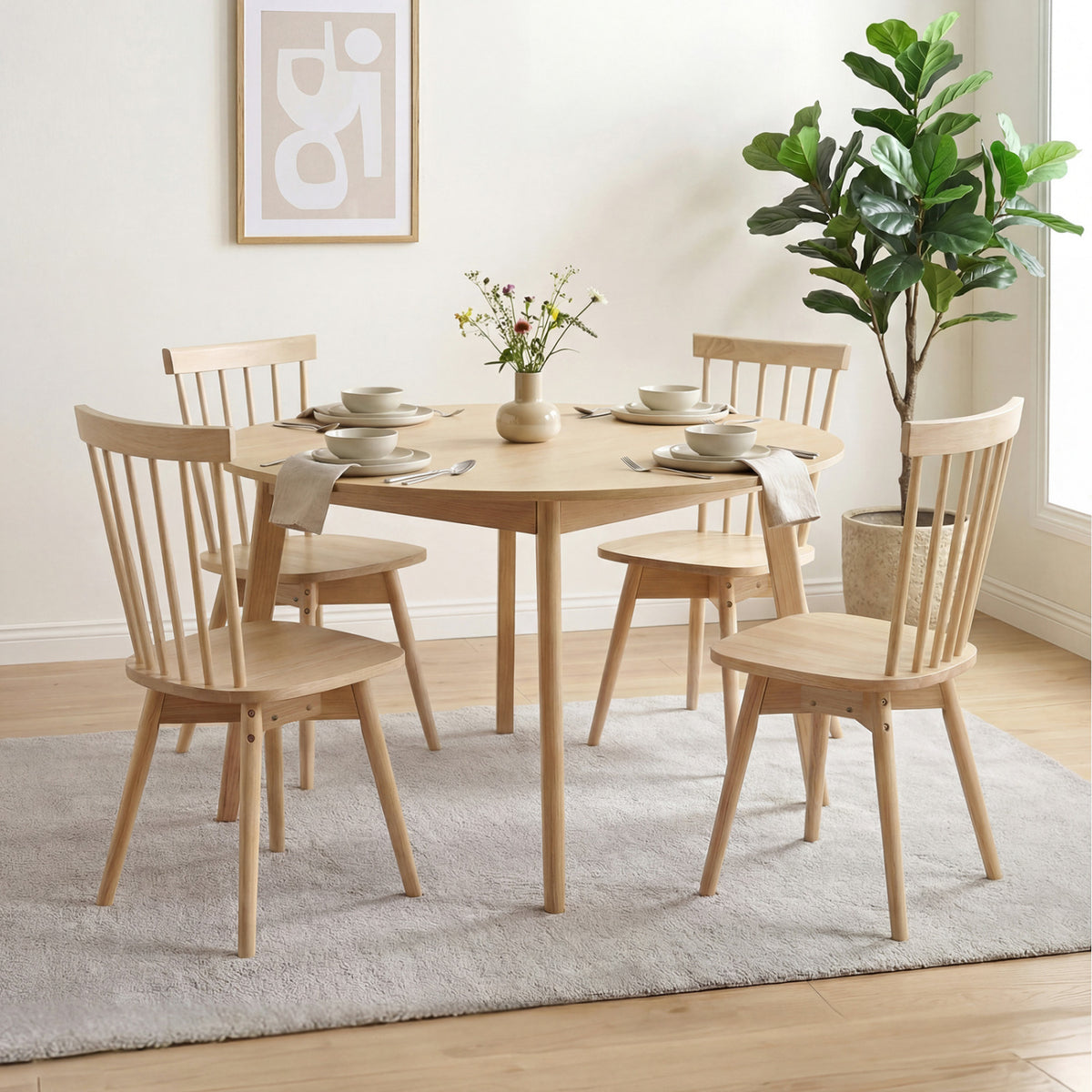Windsor Dining Chairs Set of 4, Natural | Mid Century Rubber Wood