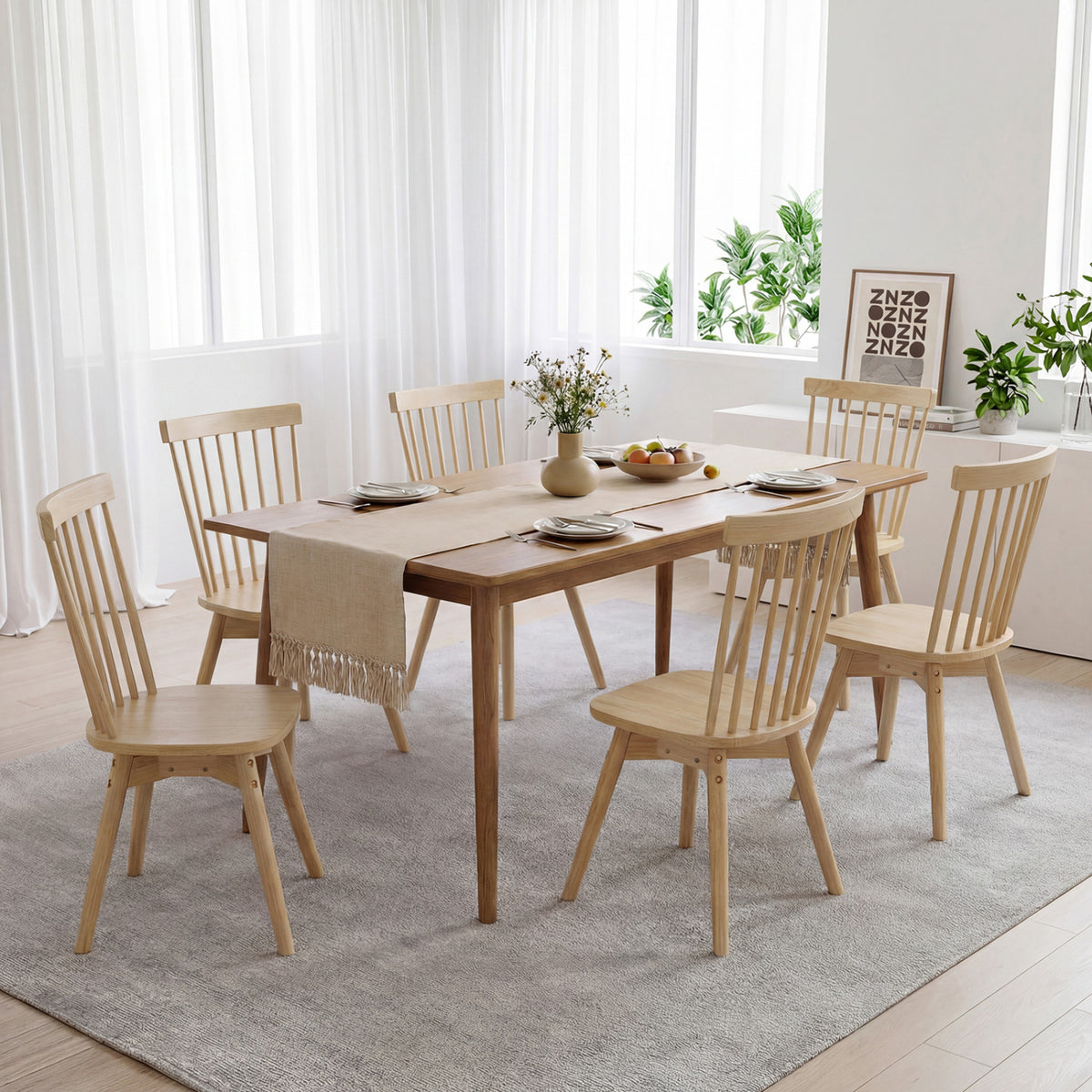 Windsor Dining Chairs Set of 4, Natural | Mid Century Rubber Wood