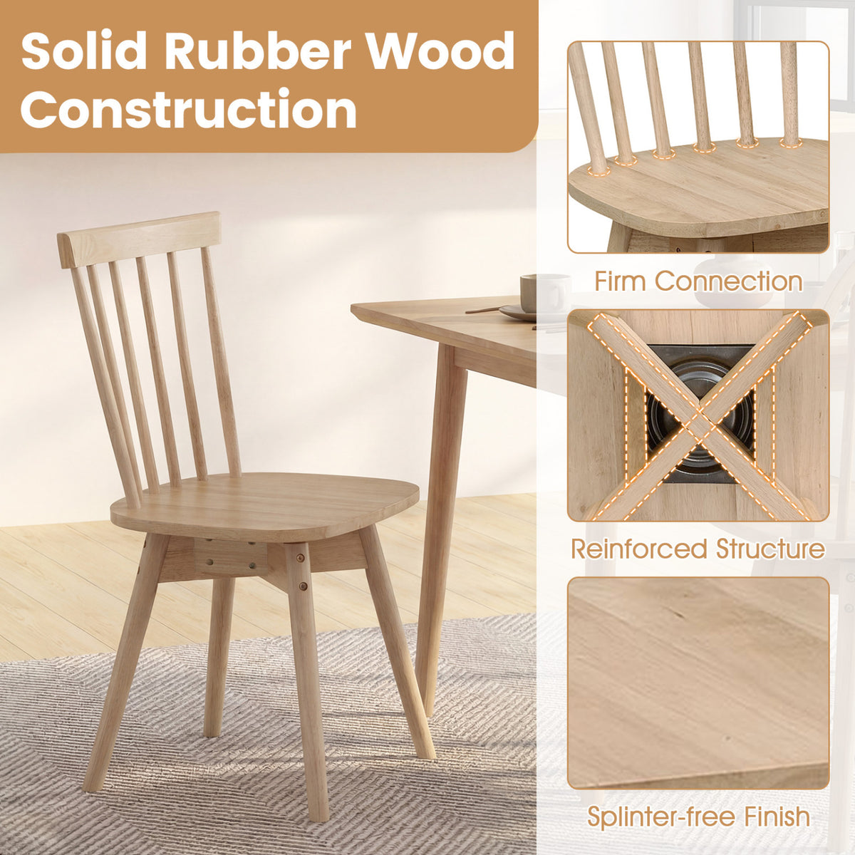Windsor Dining Chairs Set of 4, Natural | Mid Century Rubber Wood