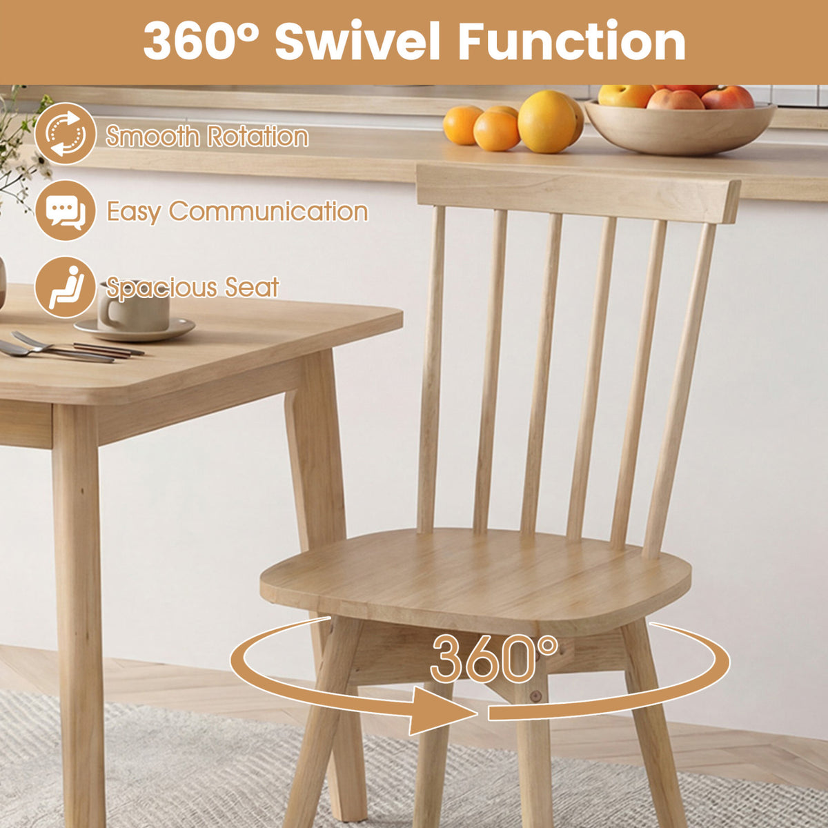 Windsor Dining Chairs Set of 4, Natural | Mid Century Rubber Wood