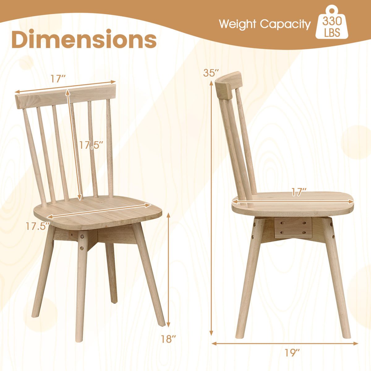 Windsor Dining Chairs Set of 4, Natural | Mid Century Rubber Wood