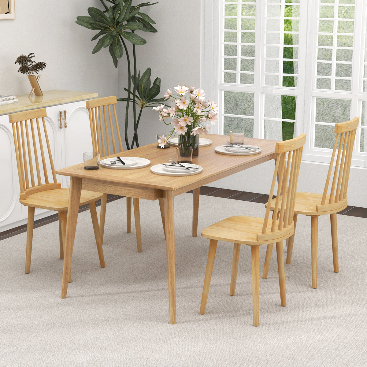 Dining Chairs Set of 2 - High Spindle Back, Natural Backrest