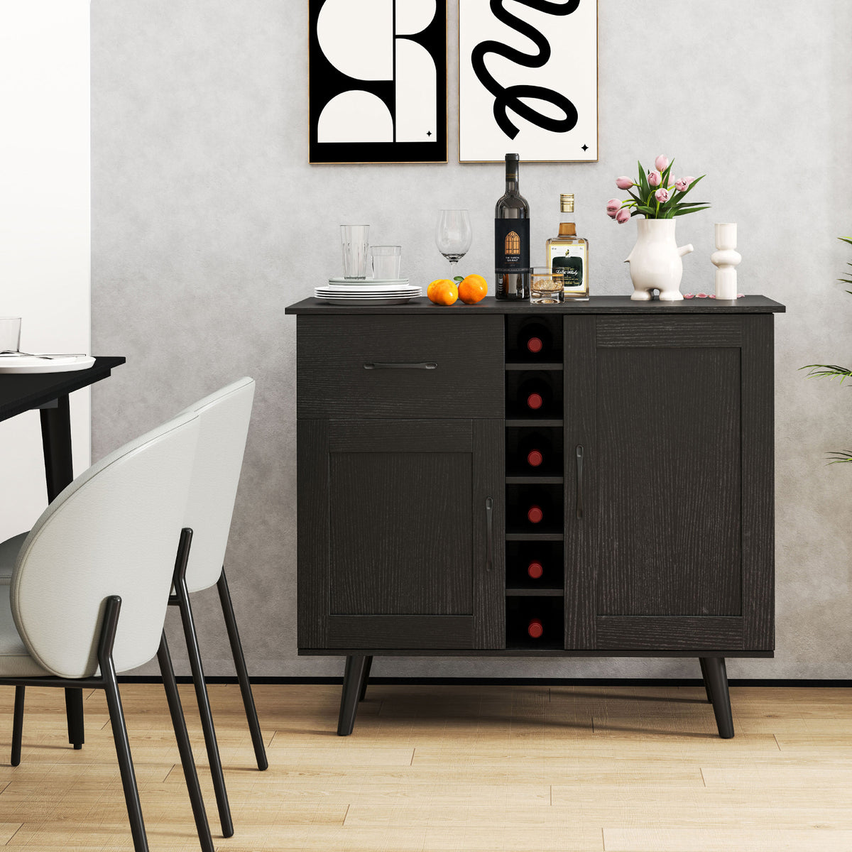 Modern Wine Bar Buffet Cabinet with 6-Bottle Rack - Natural